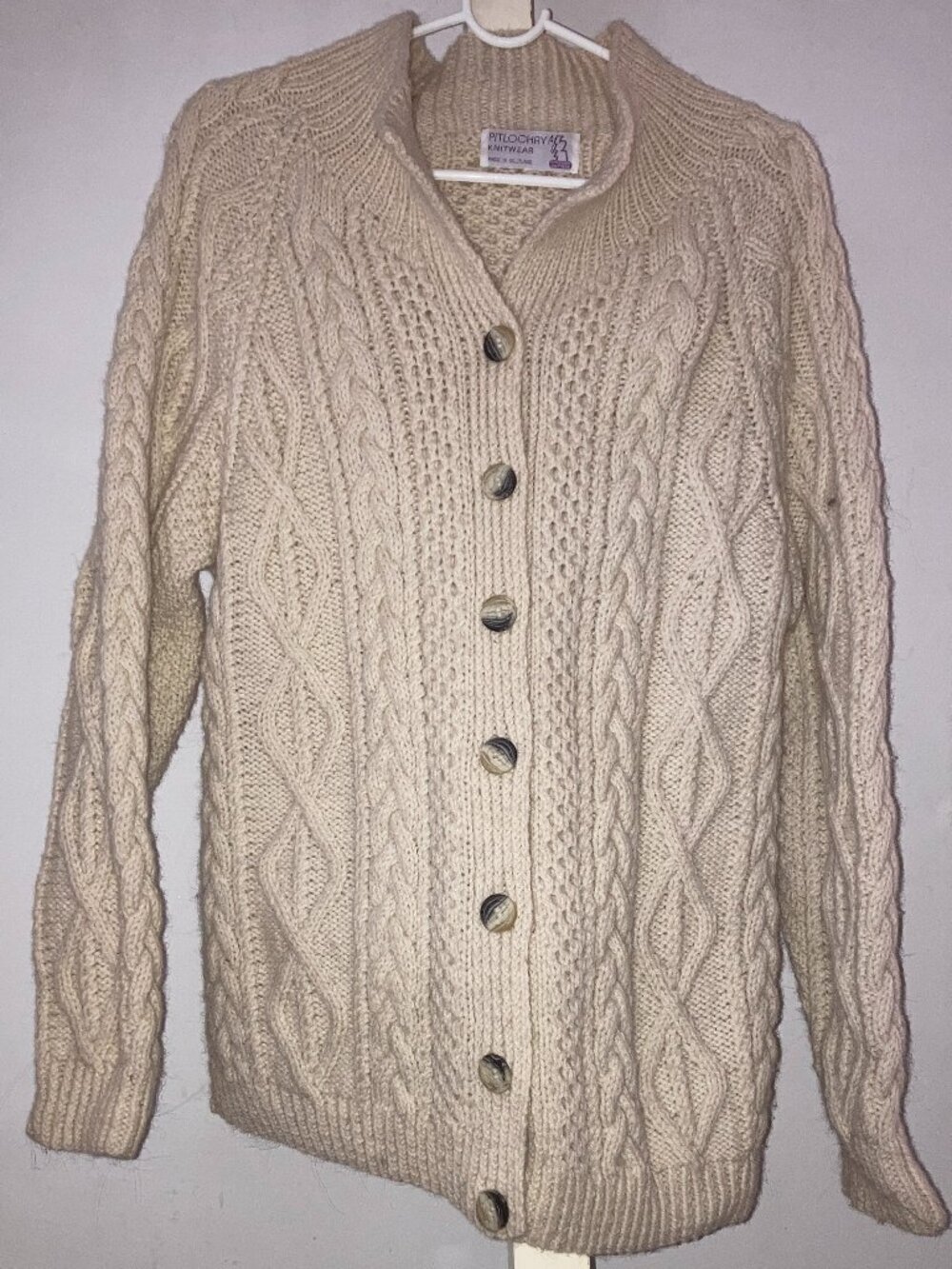 Vintage 80s Cardigan Hand Knit Aran Scotland Fisherman Wool Pitlochry Knitwear M